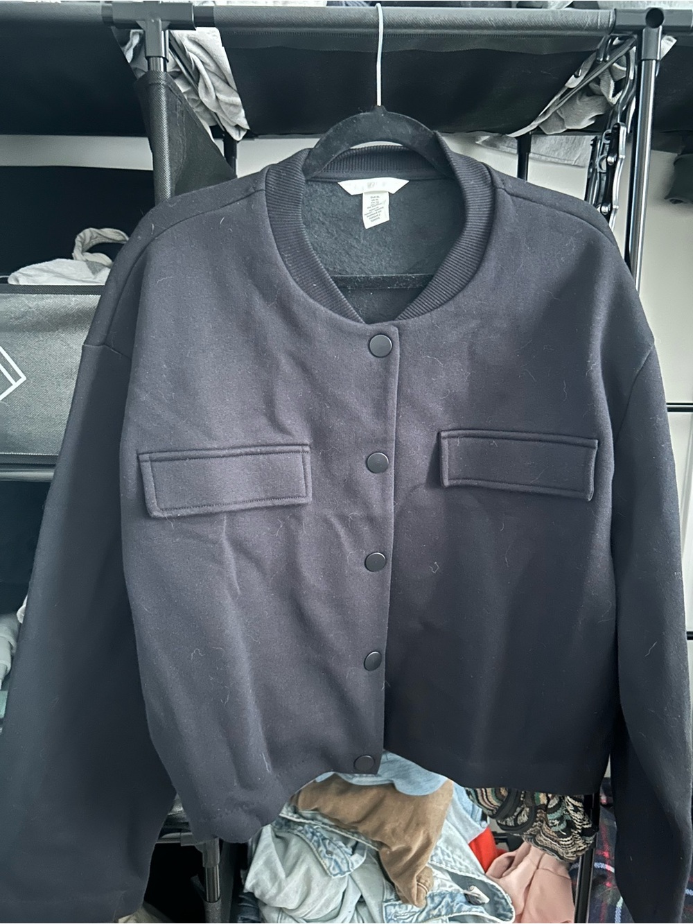 H&M Black Cropped Fleece Bomber Jacket with Snap Front